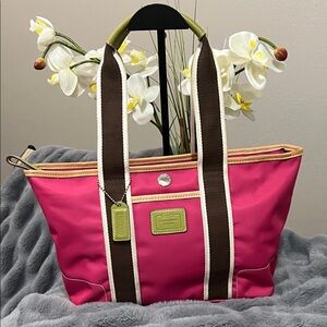 Coach Vintage Fuchsia Tote with Brown, Cream, Lime Accents | Retail $248 | EUC